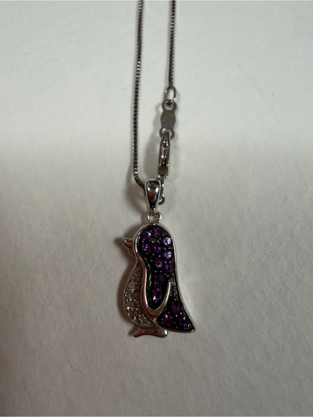 Silver Penguin Pendant Necklace with Purple Crystals - Women Jewelry